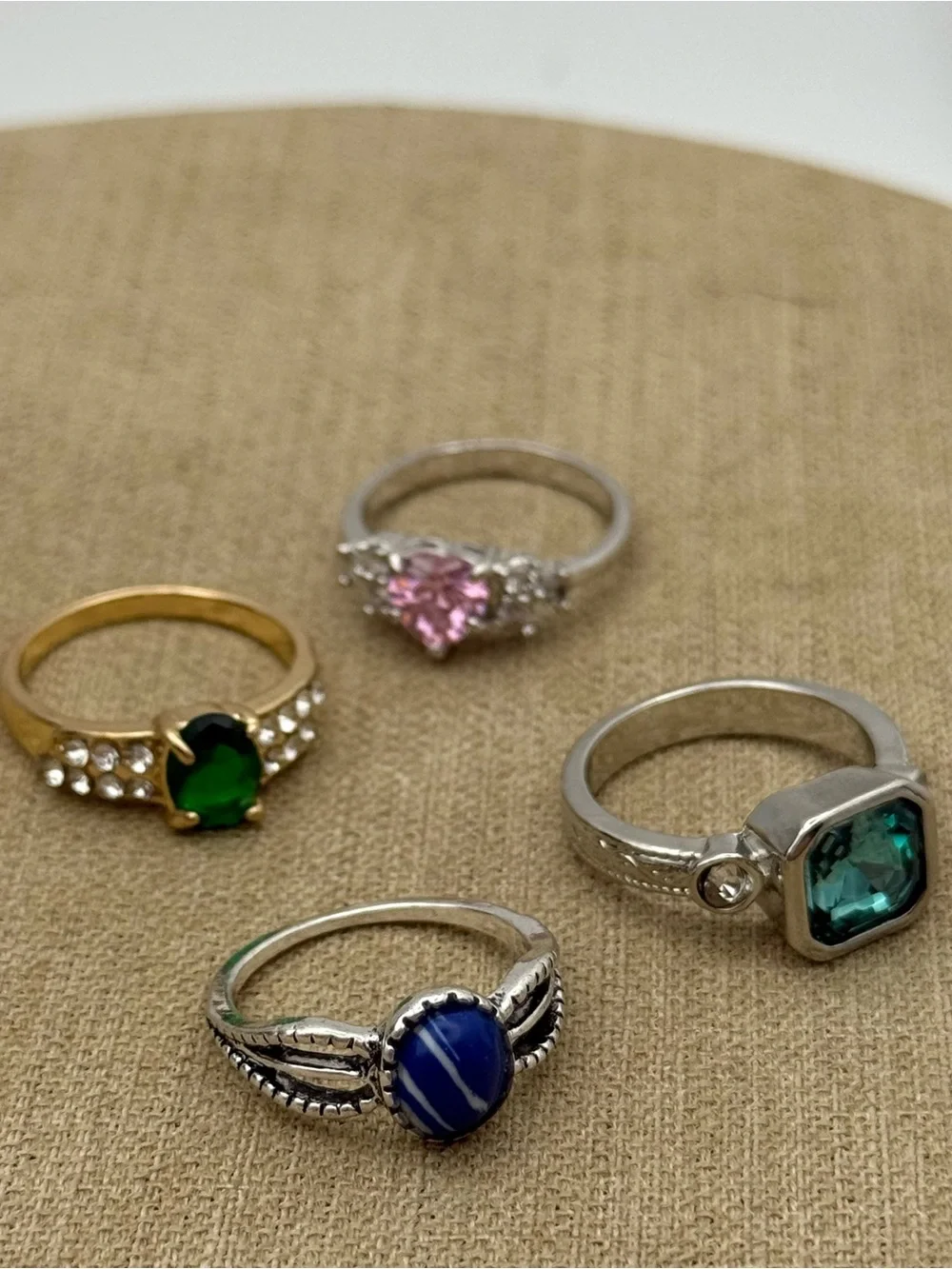 Set of 4 Mixed Gemstone Fashion Ring Set - Green, Pink, Blue, Emerald Tones